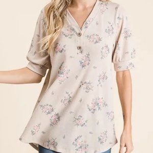 BomBom Floral Print Faux Button Soft Thermal Fabric Top